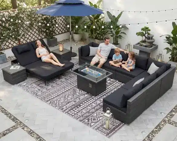 patio set with sectional lounger and fire pit table