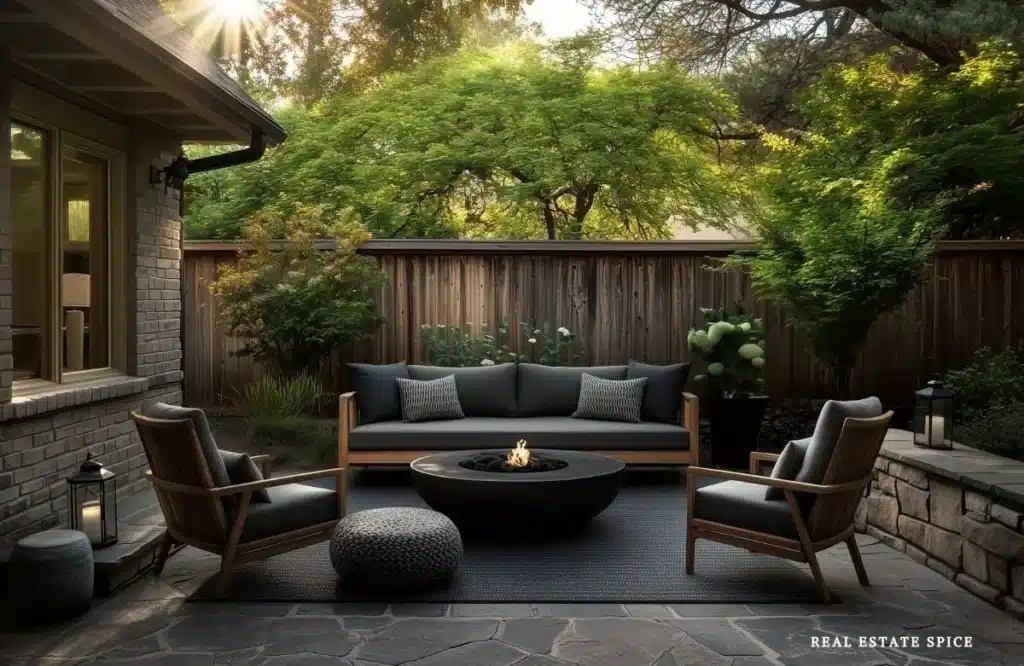patio space with fire pit in a soft curved layout
