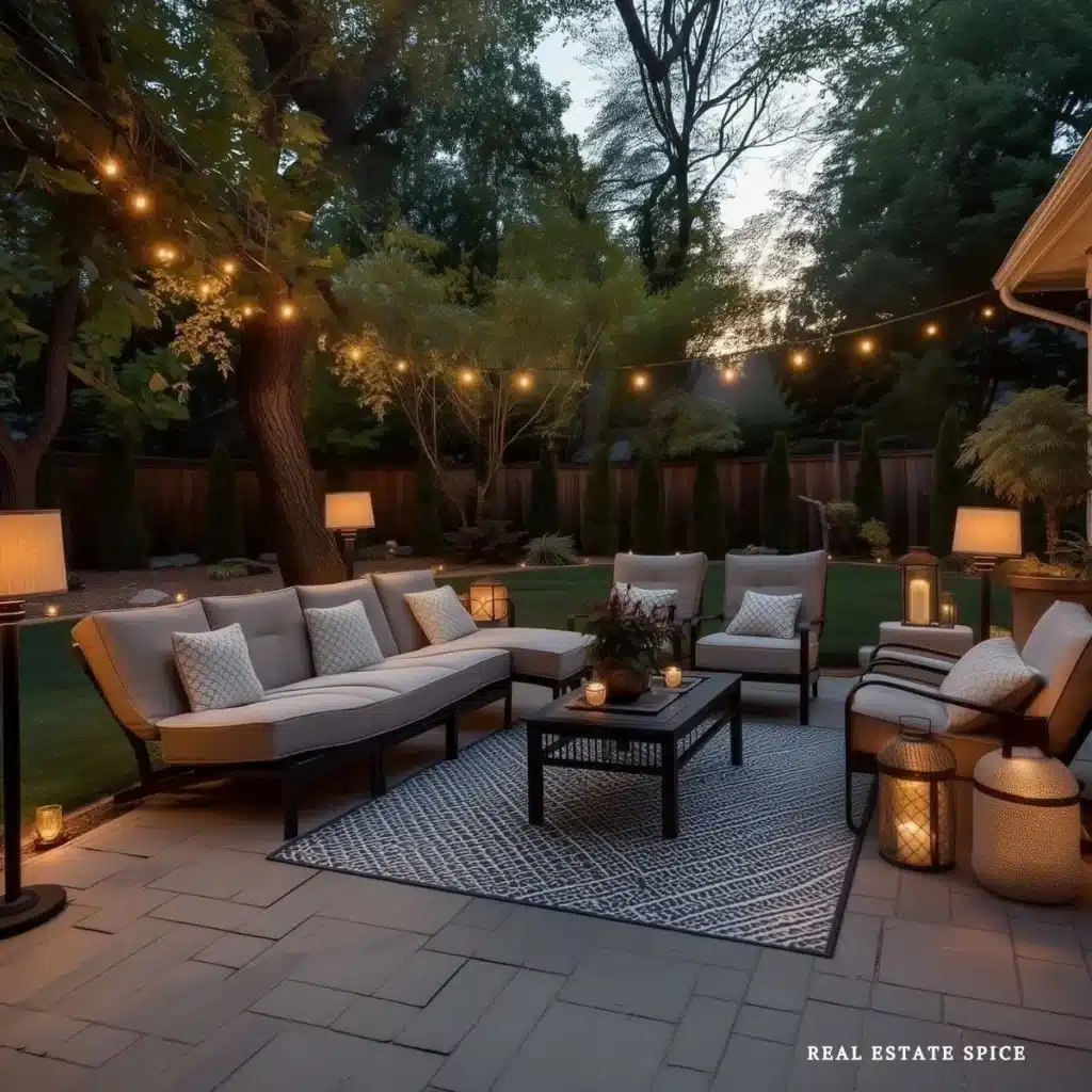 patio with outdoor floor lamps lanterns candles string lights patio furniture