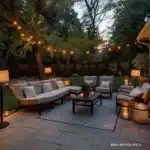 patio with outdoor floor lamps lanterns candles string lights patio furniture