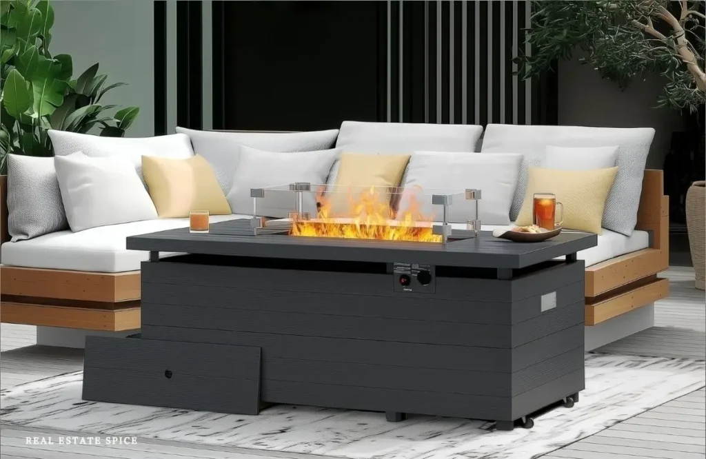 patio with rectangle propane fire pit and patio seating