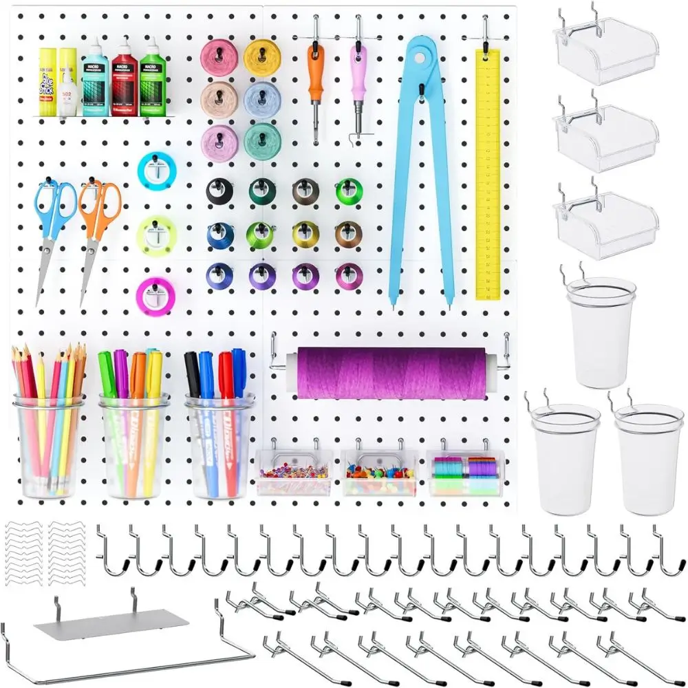 pegboard organizer with hooks cups holders shows craft items on the pegboard