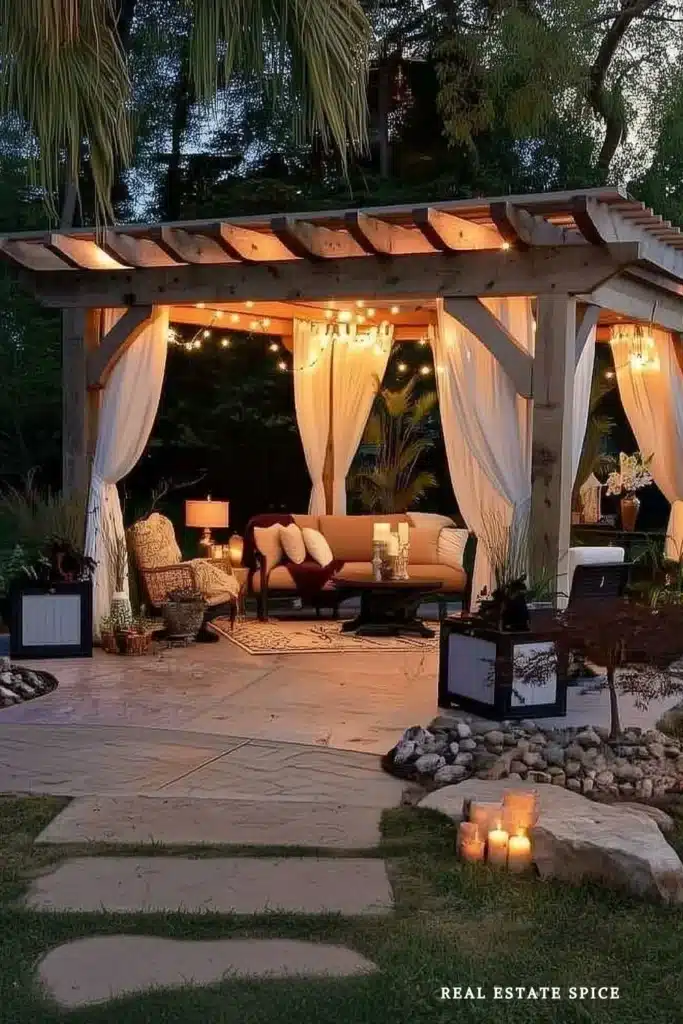 pergola with curtains outdoor furniture set lighting string lights
