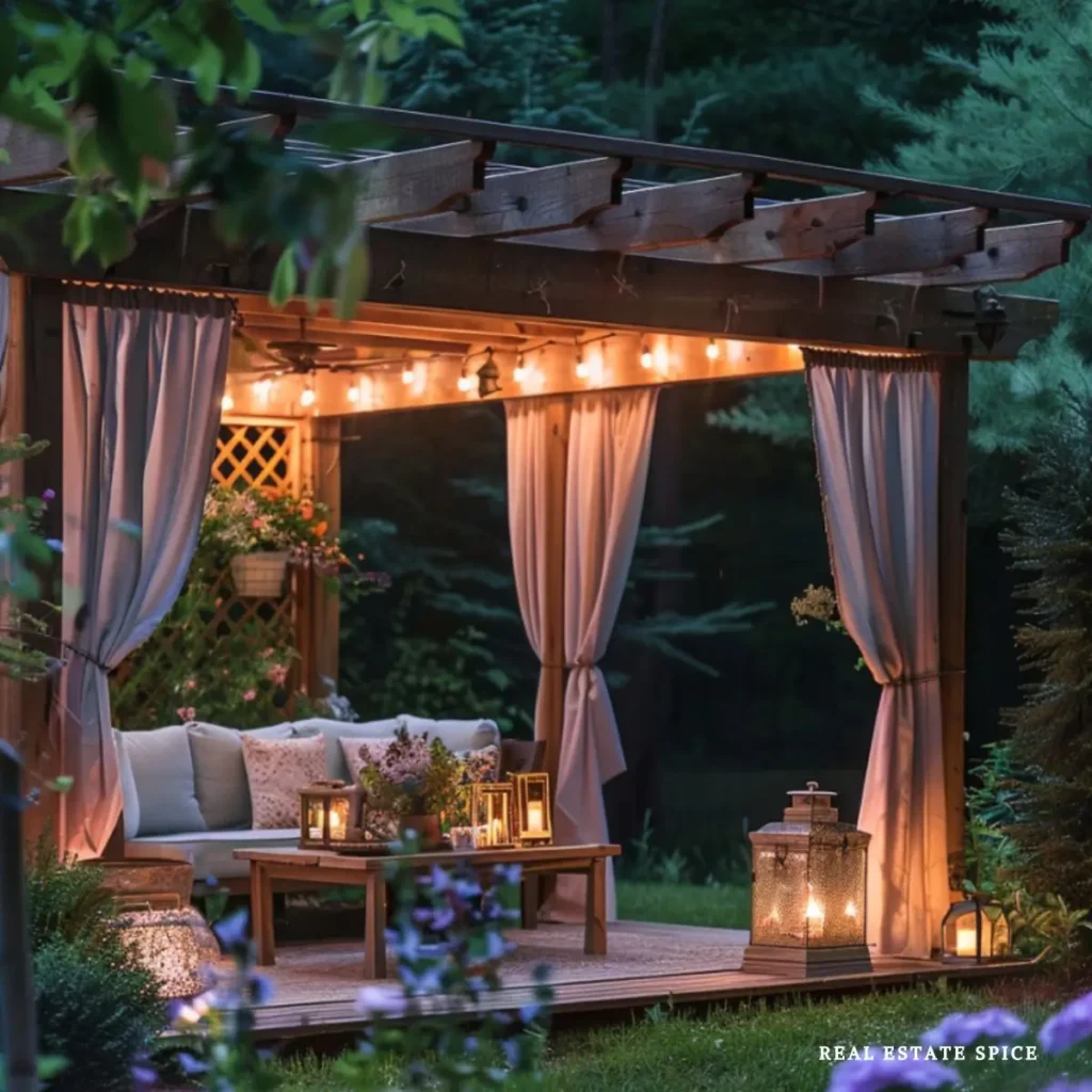 pergola with curtains string lights outdoor sofa lanterns