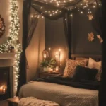 photo of a bedroom with black accent wall and string lights 4 post bed with sheers black wall behind bed