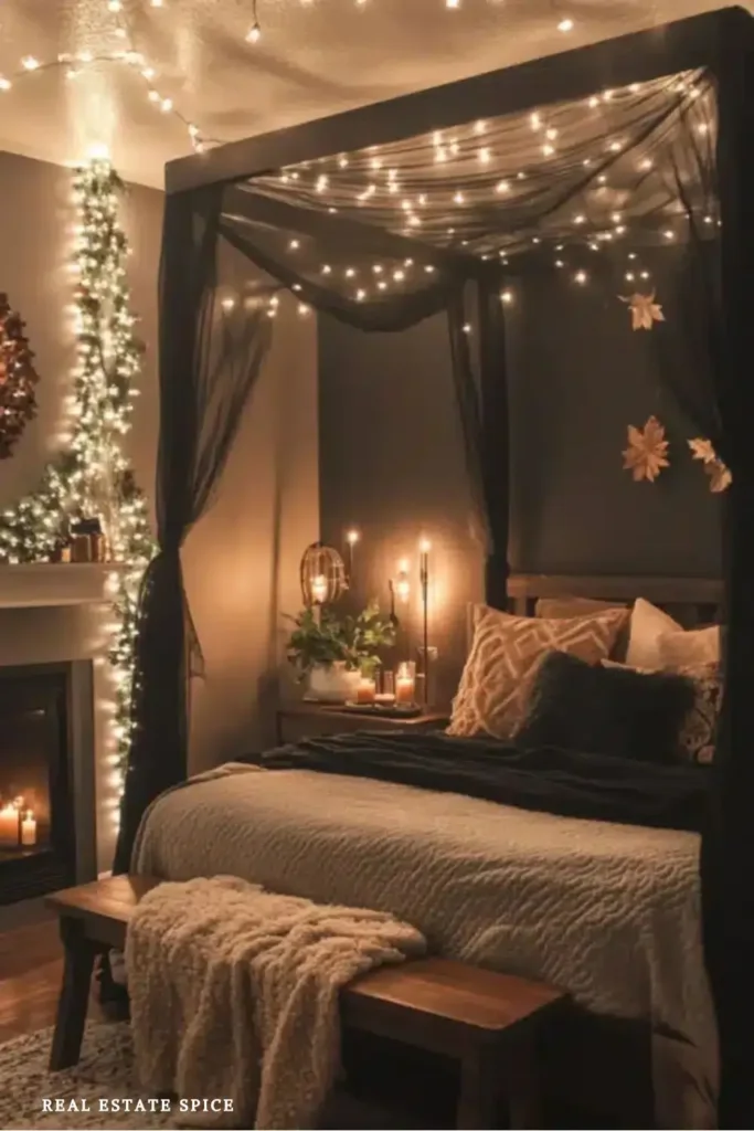 photo of a bedroom with black accent wall and string lights 4 post bed with sheers black wall behind bed