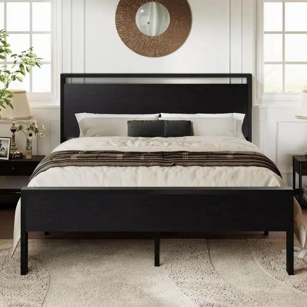 platform bed frame with wood headboard