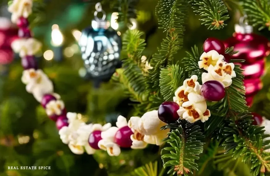 popcorn and cranberries strung together on christmas tree