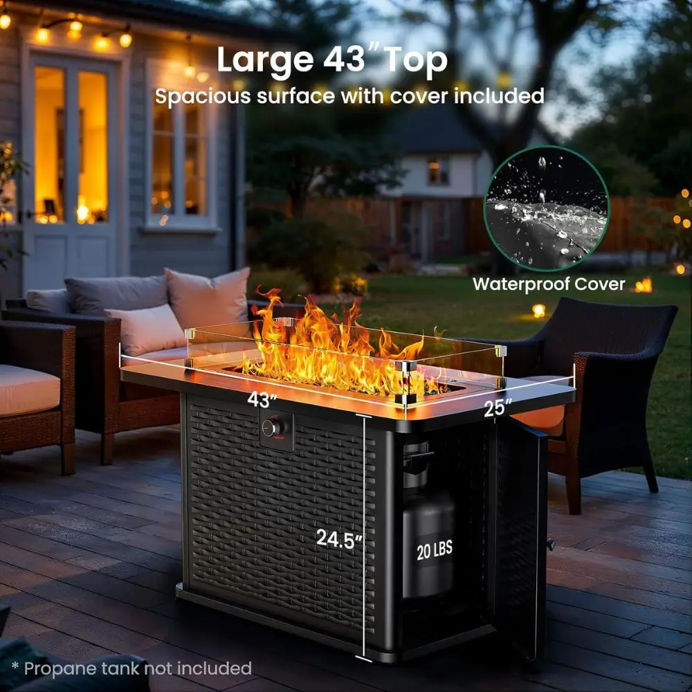 rectangle propane fire pit table with glass and water proof cover