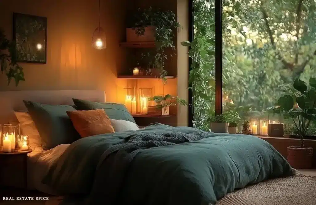 relaxing bedroom with candles soft lighting earth tone colors green bedding