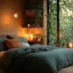 relaxing bedroom with candles soft lighting earth tone colors green bedding
