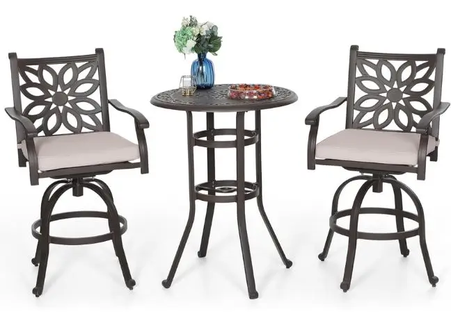 round bistro table with two swivel chairs