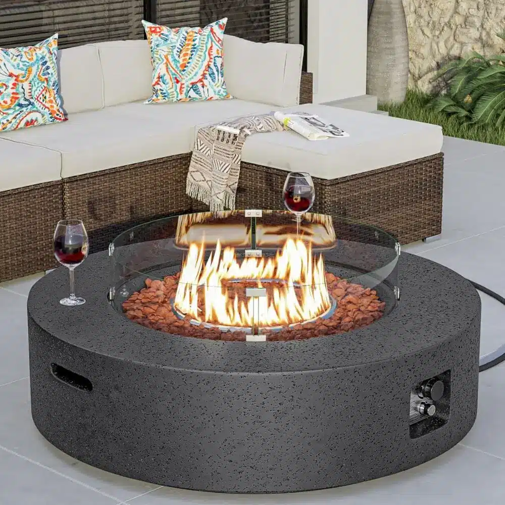 round propane fire pit table with wind guard