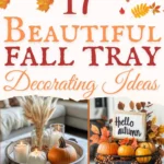 says 17 beautiful fall tray decorating ideas with 6 photos of fall tray decorations below says beautiful fall decorating ideas and styling tips for you