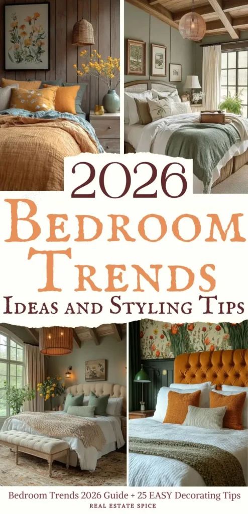 says 2026 bedroom trends ideas and styling tips with 4 photos of bedrooms below says Bedroom Trends 2026 Guide + 25 EASY Decorating Tips