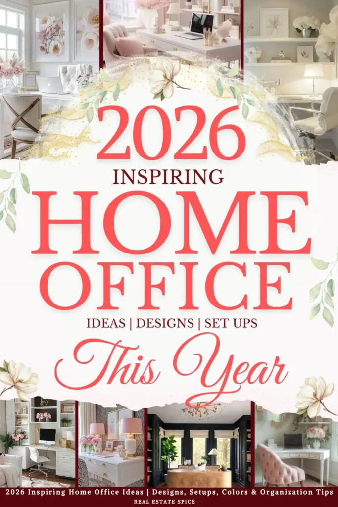 says 2026 inspiring home office ideas designs set ups this year with 7 photos of home offices below says 2026 Inspiring Home Office Ideas Designs, Setups, Colors & Organization Tips