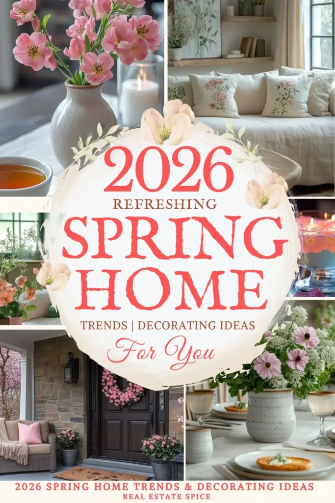 says 2026 refreshing spring home trends decorating ideas with 4 photos of homes with spring decorating below says 2026 Spring Home Trends & Decorating Ideas