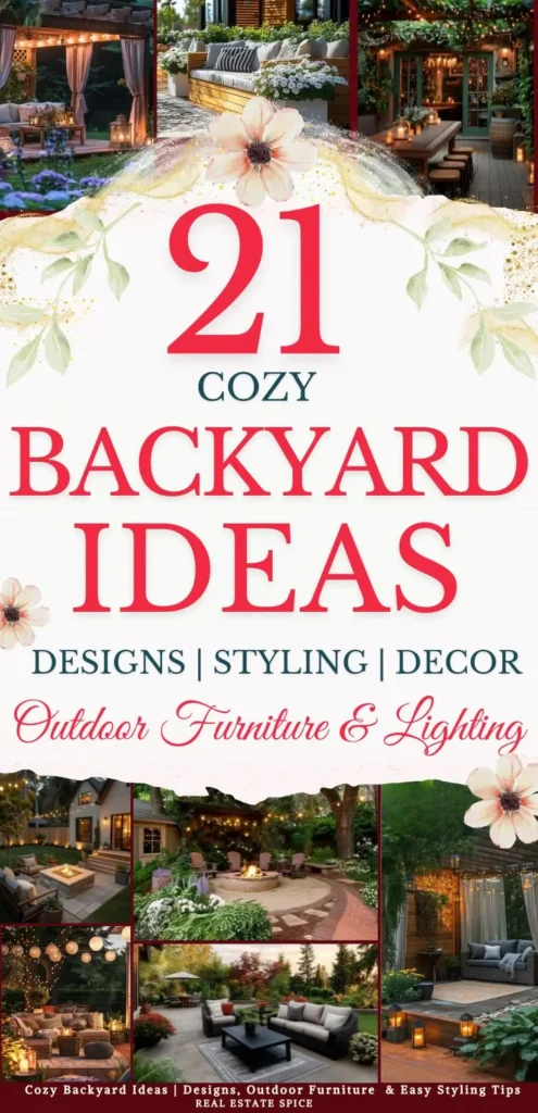 says 21 cozy backyard ideas designs styling decor outdoor furniture and lighting with 8 photos of backyards below says Cozy Backyard Ideas Designs, Outdoor Furniture & Easy Styling Tips
