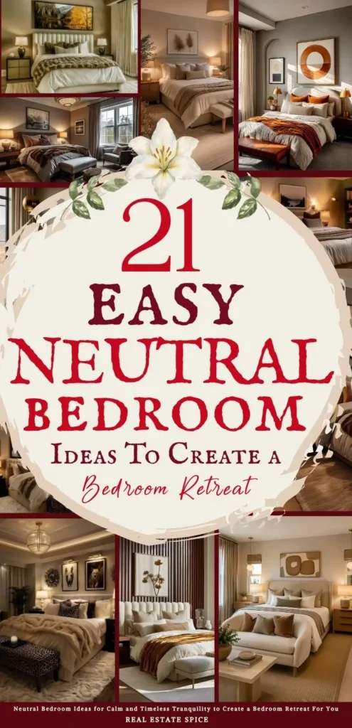 says 21 easy neutral bedroom ideas to create a bedroom retreat with 7 photos of neutral bedrooms below says Neutral Bedroom Ideas for Calm and Timeless Tranquility to Create a Bedroom Retreat For You
