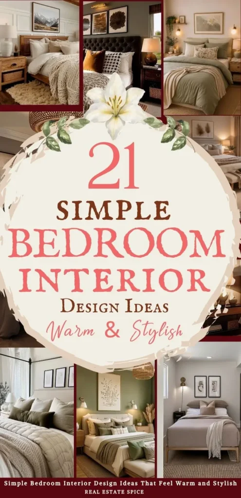 says 21 simple bedroom interior design ideas warm and stylish with 6 photos of bedrooms below says Simple Bedroom Interior Design Ideas That Feel Warm and Stylish