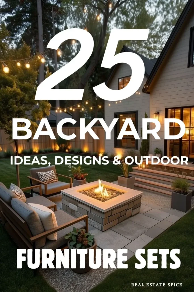 says 25 backyard ideas designs and outdoor furniture sets with photo of a backyard patio