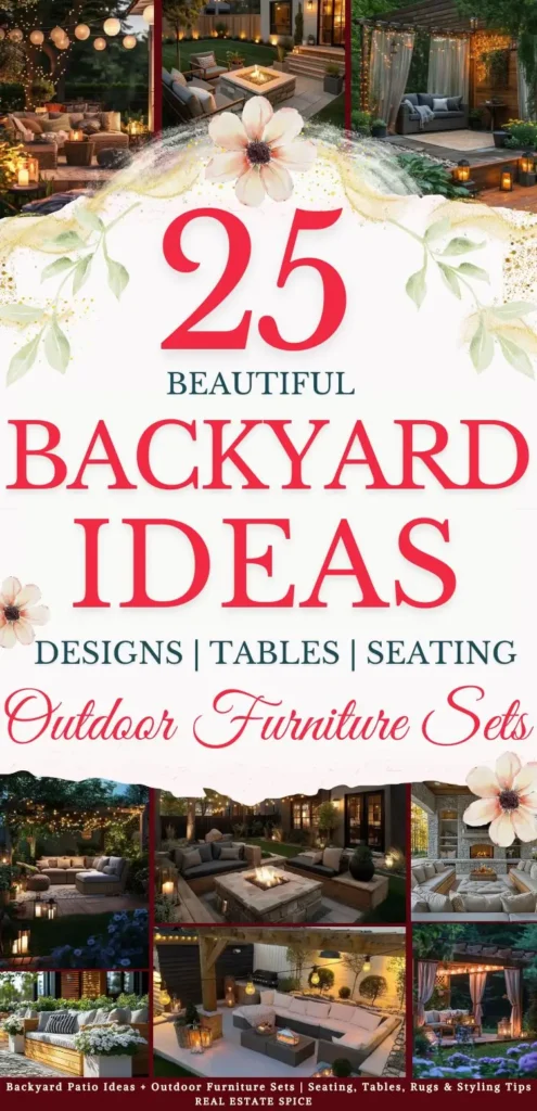 says 25 beautiful backyard ideas designs tables seating outdoor furniture sets with 9 photos of backyards with outdoor furniture below says Backyard Patio Ideas + Outdoor Furniture Sets | Seating, Tables, Rugs & Styling Tips