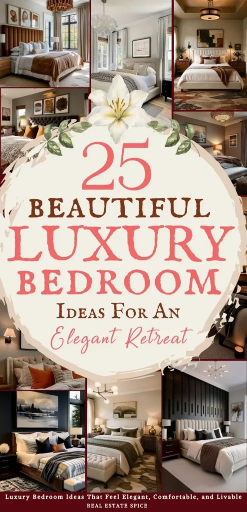 says 25 beautiful luxury bedroom ideas for an elegant retreat with 8 photos of luxury bedrooms below says Luxury Bedroom Ideas That Feel Elegant, Comfortable, and Livable