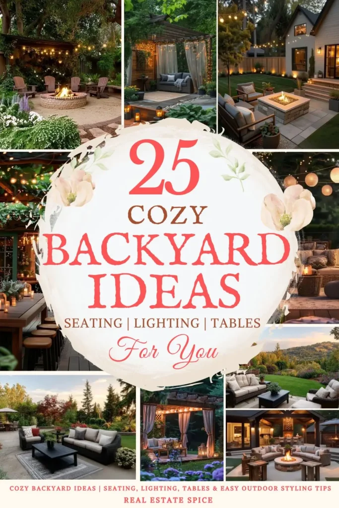 says 25 cozy backyard ideas seating lighting tables for you with 7 photos of backyards below says Cozy Backyard Ideas Seating, Lighting, Tables & Easy Outdoor Styling Tips