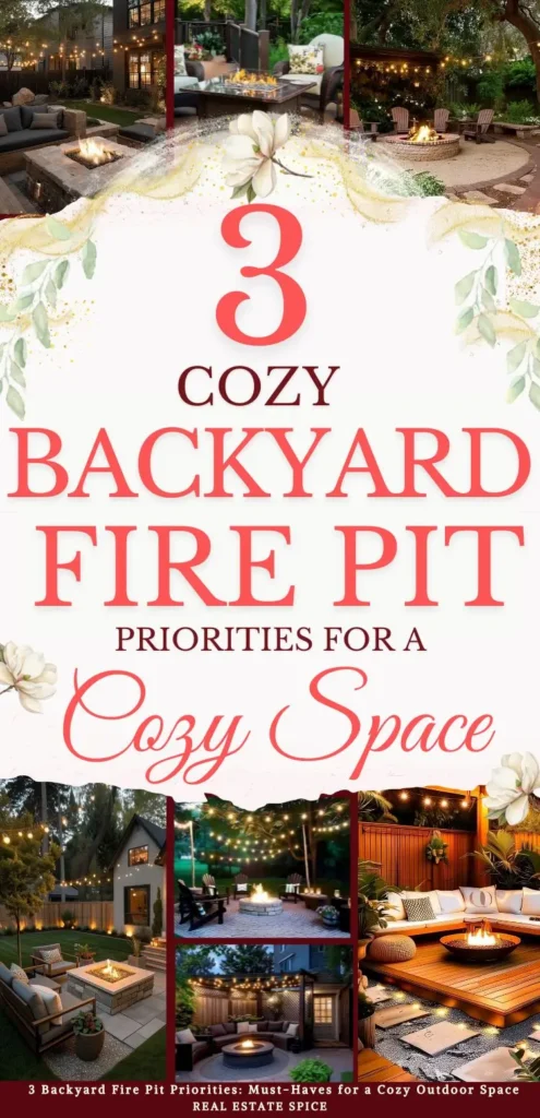 says 3 cozy backyard fire pit priorities for a cozy space with 7 photos of backyards and patios with fire pits below says 3 Backyard Fire Pit Priorities Must-Haves for a Cozy outdoor Space