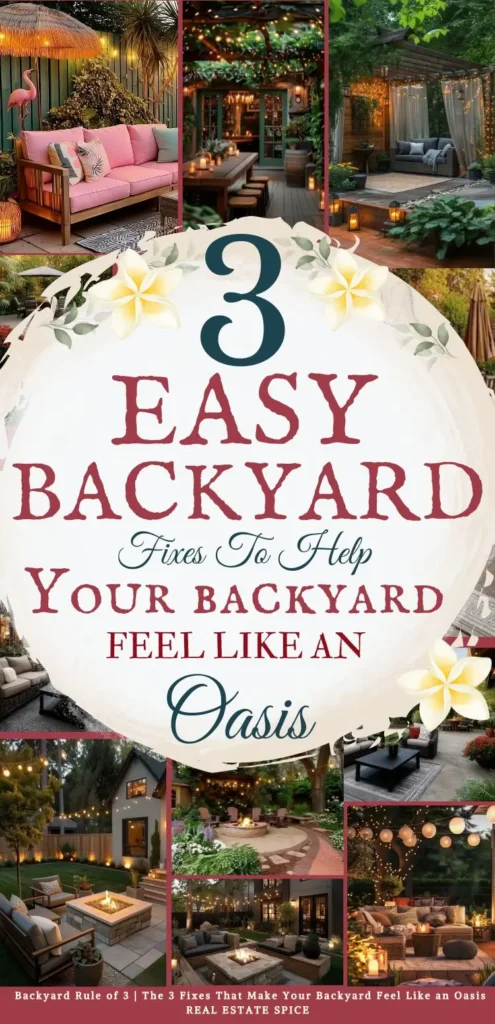 says 3 easy backyard fixes to help your backyard feel like an oasis with 10 photos of backyards below says Backyard Rule of 3 The 3 Fixes That Make Your Backyard Feel Like an Oasis