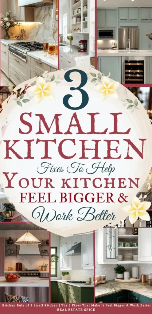 says 3 small kitchen fixes to help your kitchen feel bigger and work better with 6 photos of small kitchens below says Kitchen Rule of 3 Small Kitchen The 3 Fixes That Make It Feel Bigger & Work