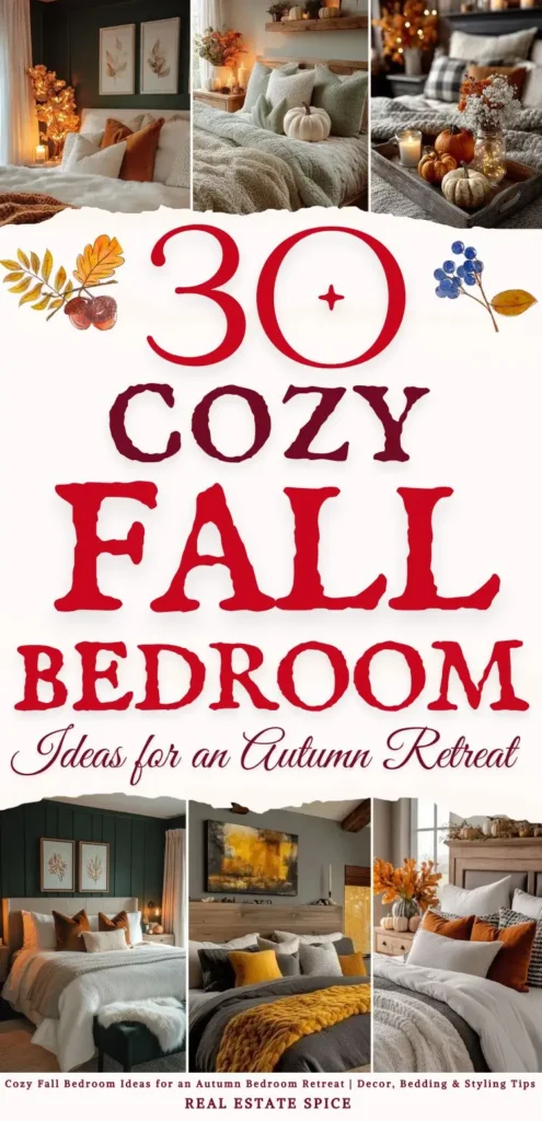 says 30 cozy fall bedroom ideas for an autumn retreat with 6 photos of bedrooms decorated for fall below says Cozy Fall Bedroom Ideas for an Autumn Bedroom Retreat | Decor, Bedding & Styling Tips