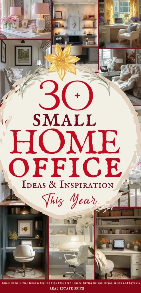 says 30 small home office ideas and inspiration this year with 8 photos of small home office ideas and spaces below says Small Home Office Ideas & Styling Tips This Year | Space-Saving Setups, Organization and Layouts