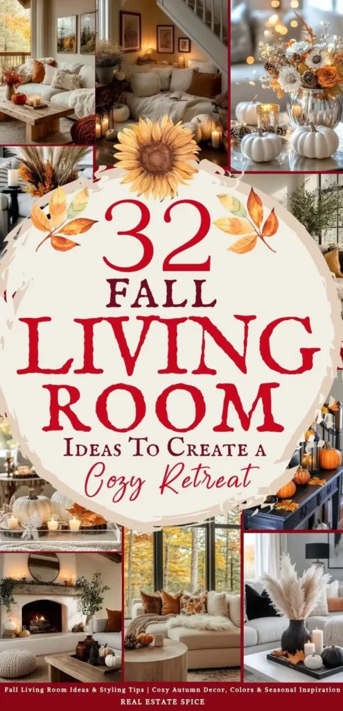 says 32 fall living room ideas to create a cozy retreat with 6 photos of living rooms decorated for fall below says Fall Living Room Ideas & Styling Tips | Cozy Autumn Decor, Colors & Seasonal Inspiration