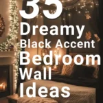 says 35 dreamy black accent bedroom wall ideas hoto of a bedroom with black accent wall and string lights 4 post bed with sheers black wall behind bed