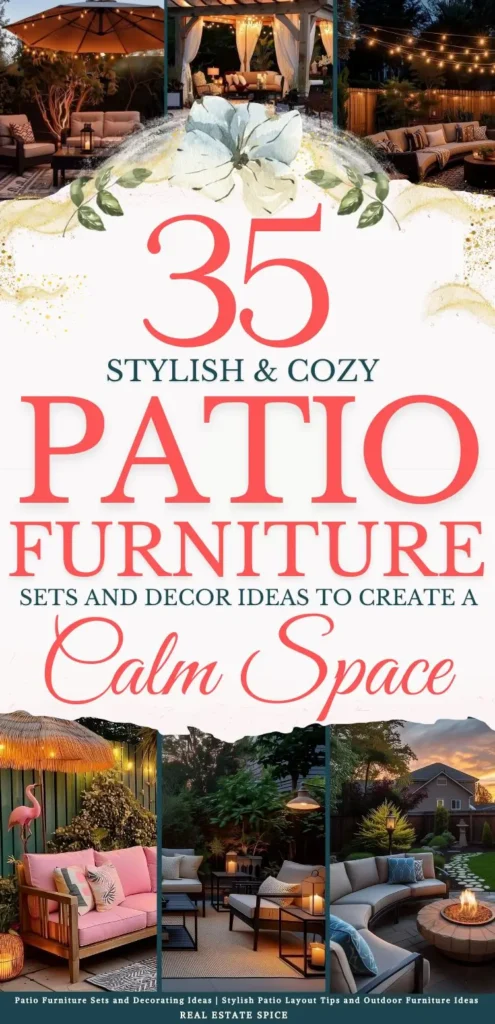 says 35 stylish and cozy patio furniture sets and decor ideas to create a calm space with 6 photos of patios below says Patio Furniture Sets and Decorating Ideas | Stylish Patio Layout Tips and Outdoor Furniture Ideas