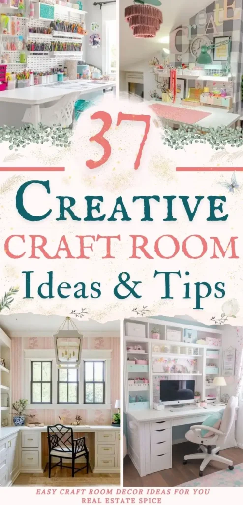 says 37 creative craft room ideas and tips with 4 images of craft rooms with desk chairs bins organizers below says easy craft room decor ideas for you