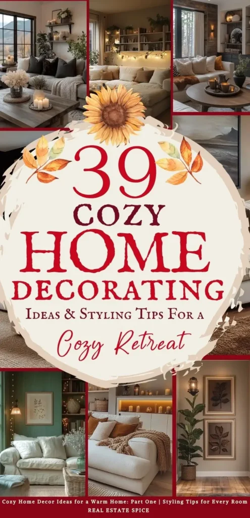 says 39 cozy home decorating ideas and styling tips for a cozy retreat with 6 photos of homes with cozy rooms and spaces and living rooms below says Cozy Home Decor Ideas for a Warm Home: Part One | Styling Tips for Every Room
