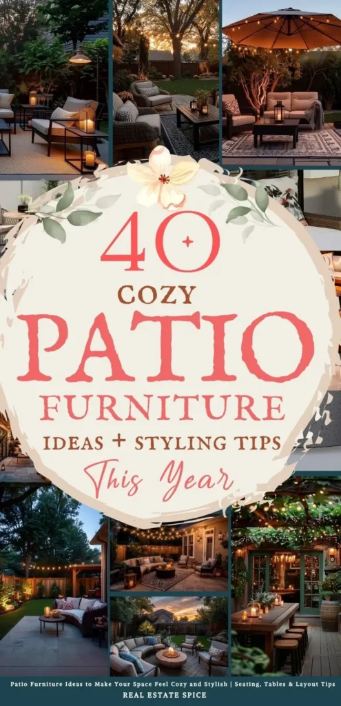 says 40 cozy patio furniture ideas and styling tips this year with 7 photos of patios with furniture below says Patio Furniture Ideas to Make Your Space Feel Cozy and Stylish | Seating, Tables & Layout Tips