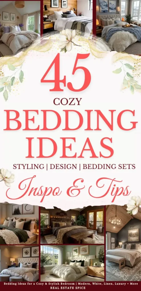 says 45 cozy bedding ideas styling design bedding sets inspo and tips with photos of 8 beds with bedding in bedrooms below says Bedding Ideas for a Cozy & Stylish Bedroom | Modern, White, Linen, Luxury + More