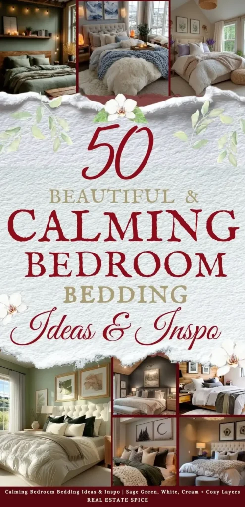 says 50 beautiful and calming bedding ideas and inspo with 8 photos of bedrooms below says Calming Bedroom Bedding Ideas & Inspo Sage Green, White, Cream + Cozy Layers