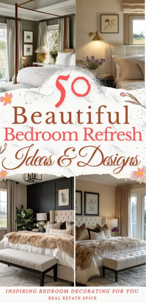 says 50 beautiful bedroom refresh ideas and designs with 4 photos of bedrooms below says inspiring bedroom decorating for you
