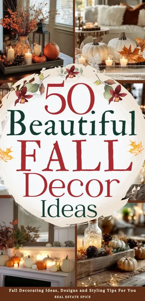 says 50 beautiful fall decor ideas with 4 photos of fall decorations in homes below says Fall Decorating Ideas, Designs and Styling Tips For You