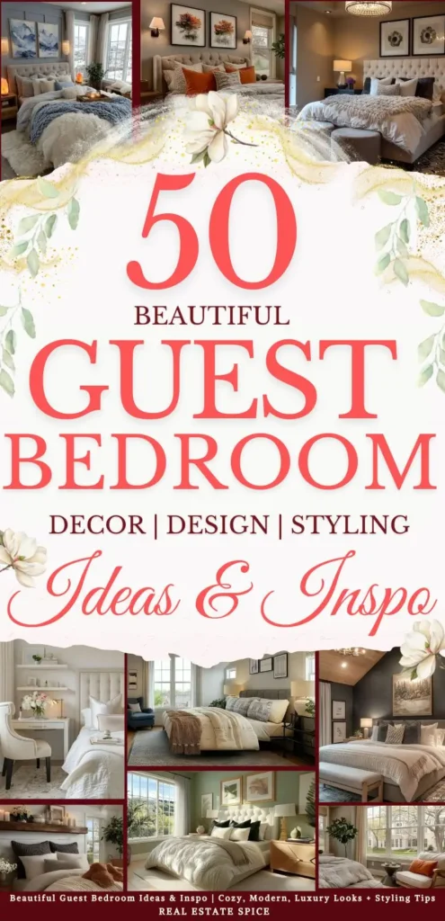 says 50 beautiful guest bedroom ideas and inspo decor design styling with 9 photos of guest bedrooms below says Beautiful Guest Bedroom Ideas & Inspo Cozy, Modern, Luxury Looks + Styling Tips