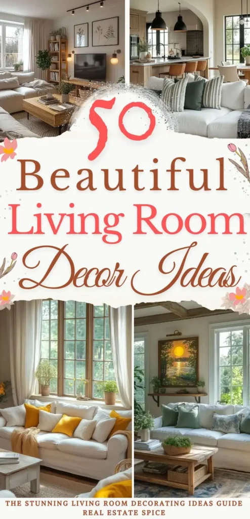 says 50 beautiful living room decor ideas with 4 photos of beautiful living rooms below says your stunning living room decorating guide