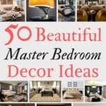 says 50 beautiful master bedroom decor ideas and 14 images of master bedrooms beds night tables chairs ceiling light fixtures area rugs lamps pillows wall art below says bedroom ideas made easy