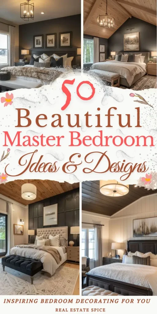 says 50 beautiful master bedroom ideas and designs with 4 images of master bedrooms bedding decor wall art throw pillows lamps ceiling lights decorated in beautiful designs below says inspiring bedroom decorating ideas for you