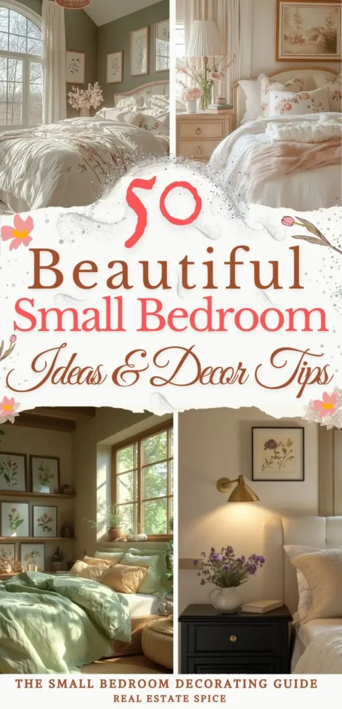 says 50 beautiful small bedroom ideas and decor tips with 4 photos of small bedrooms with lighting wall art nightstands below says the small bedroom decorating guide
