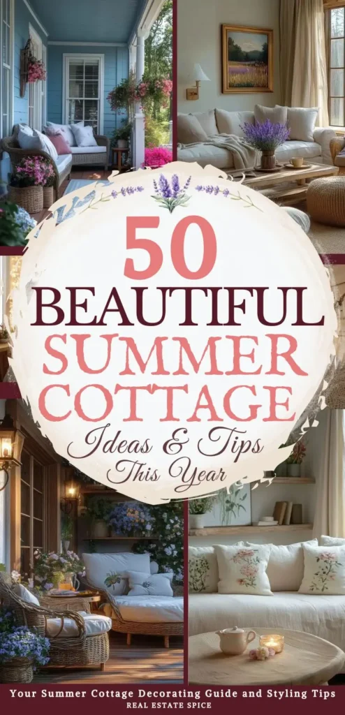 says 50 beautiful summer cottage ideas and tips this year with 4 photos of summer cottages porch patio living room below says your summer cottage decorating guide and styling tips