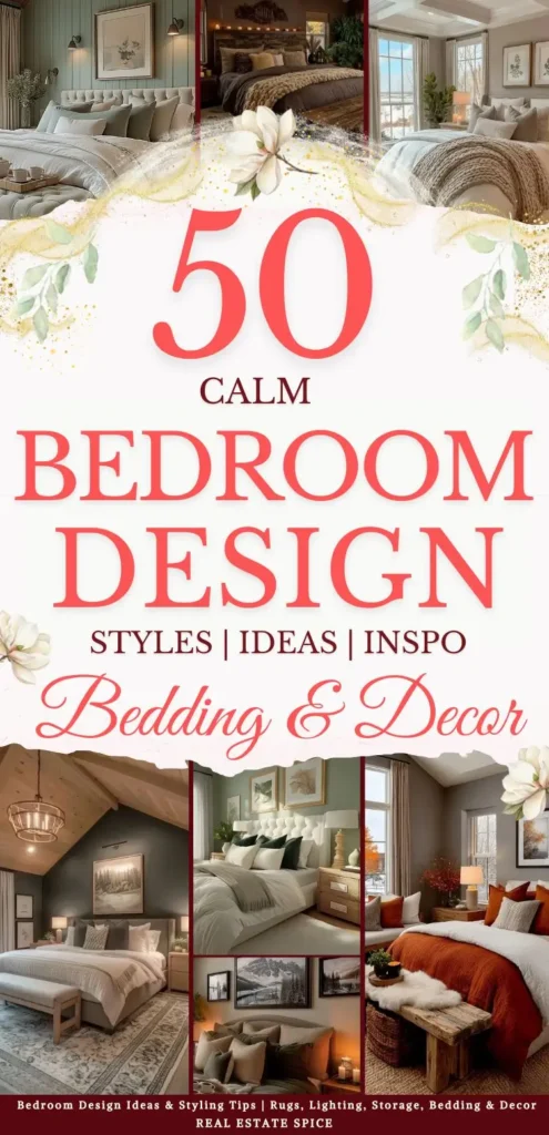 says 50 calm bedroom design styles ideas inspo bedding and decor with 7 bedroom photos below says Bedroom Design Ideas & Styling Tips Rugs, Lighting, Storage, Bedding & Decor